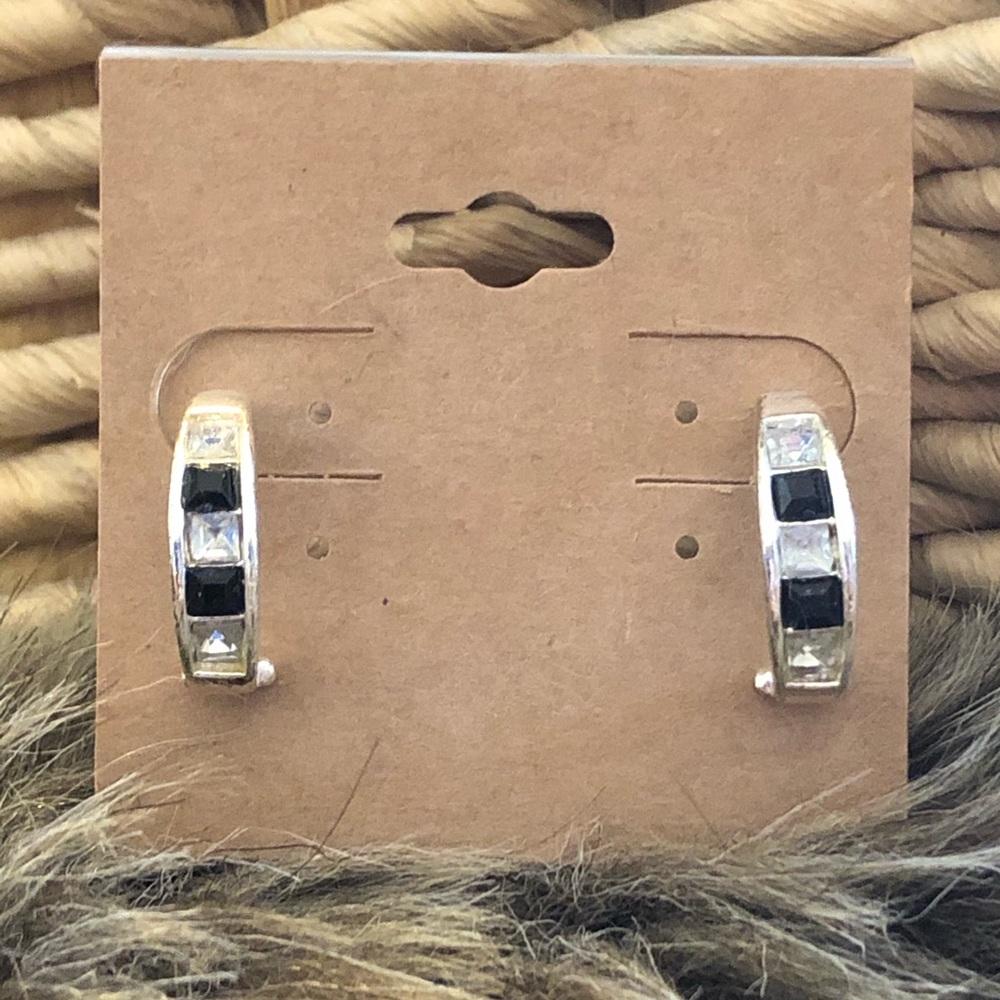 Vintage silver square stone half hoop earrings